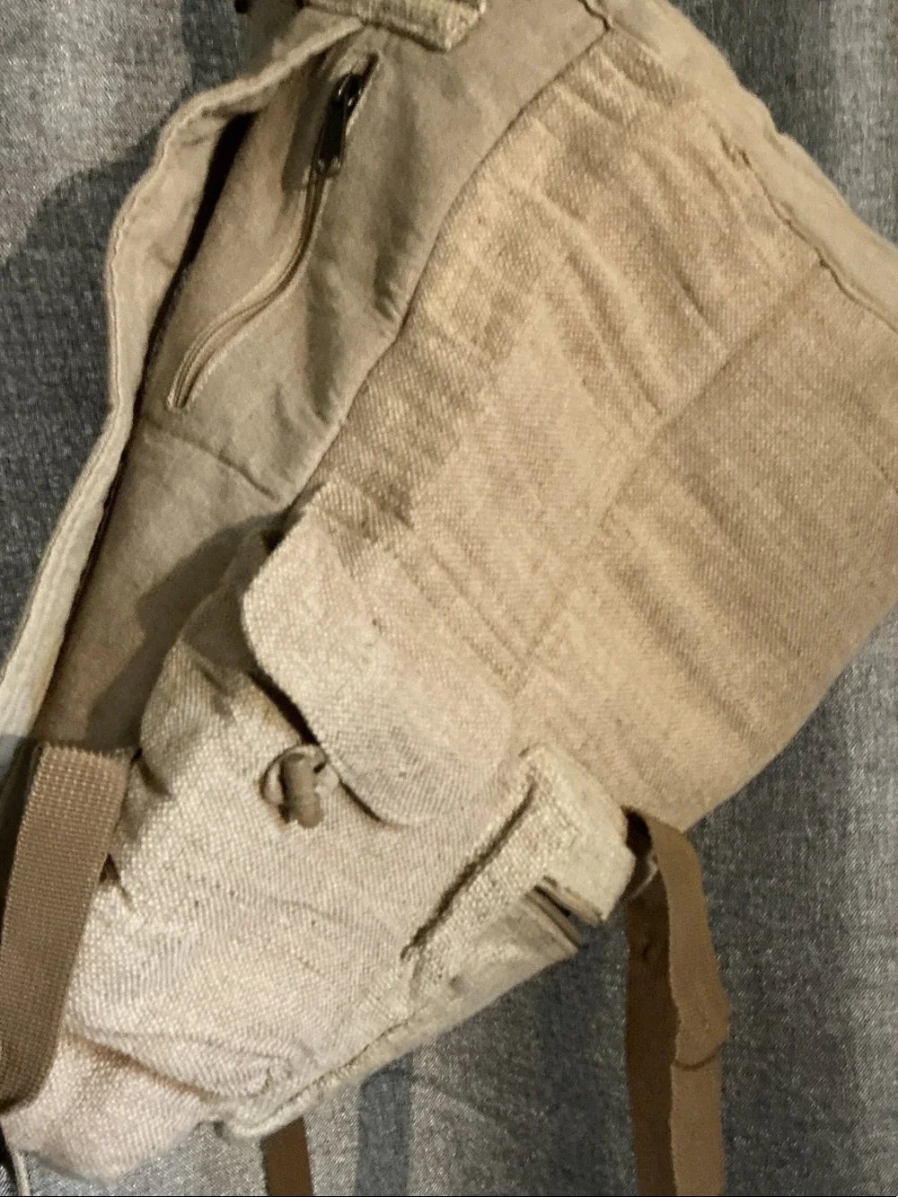 Neutral Tan Canvas Drawstring Backpack with Flap - Casual Everyday Pack